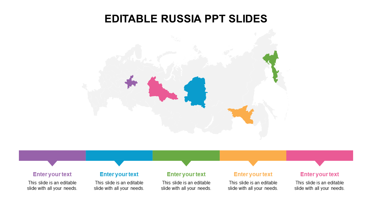 Map of Russia with highlighted regions in purple, pink, blue, orange, and green, linked to color coded text below.