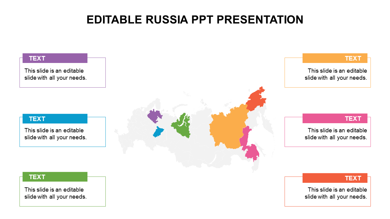 Gray Russia map with six highlighted regions in purple, blue, green, yellow, pink, and red, paired with labeled text boxes.