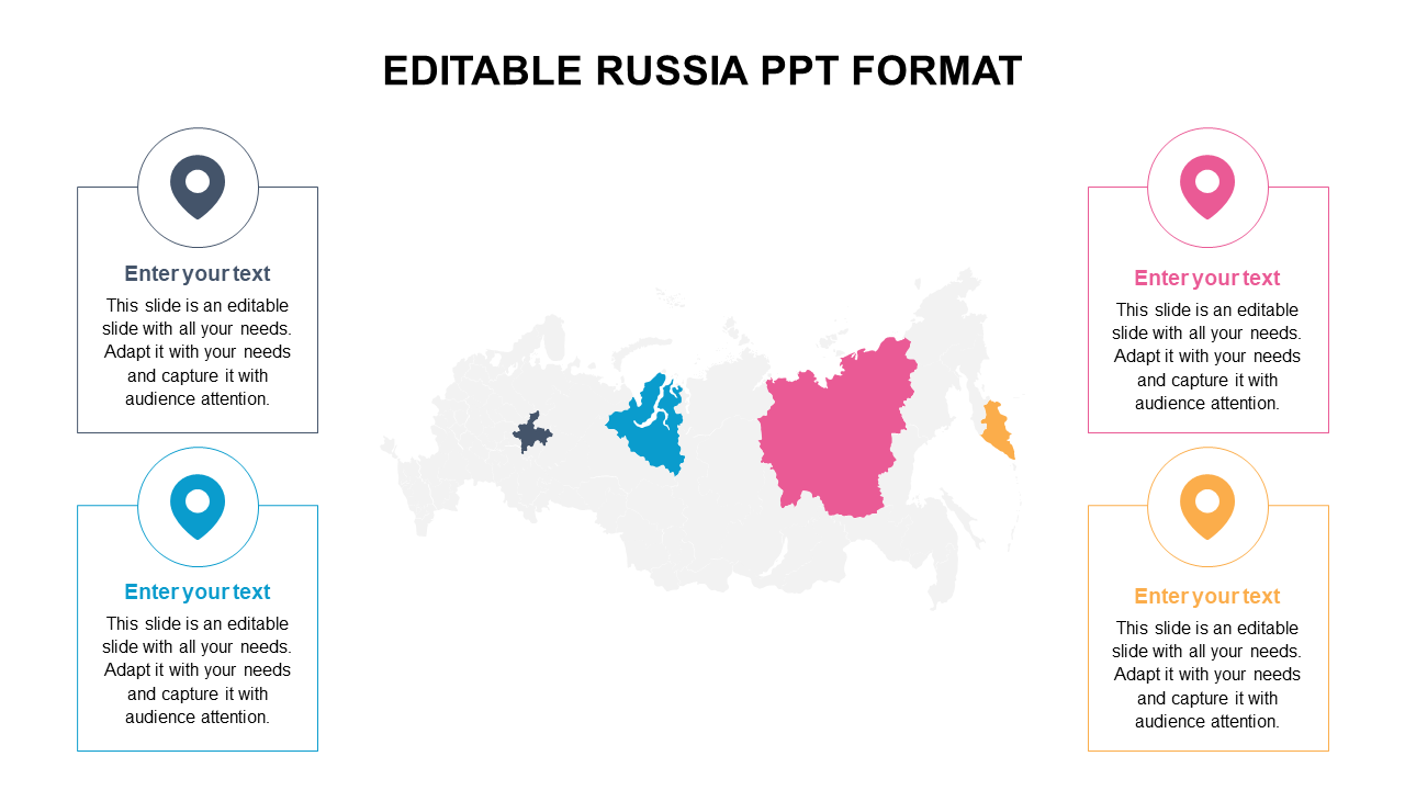 Map of Russia slide highlighting specific regions in colors with labeled text boxes for additional details on each side.