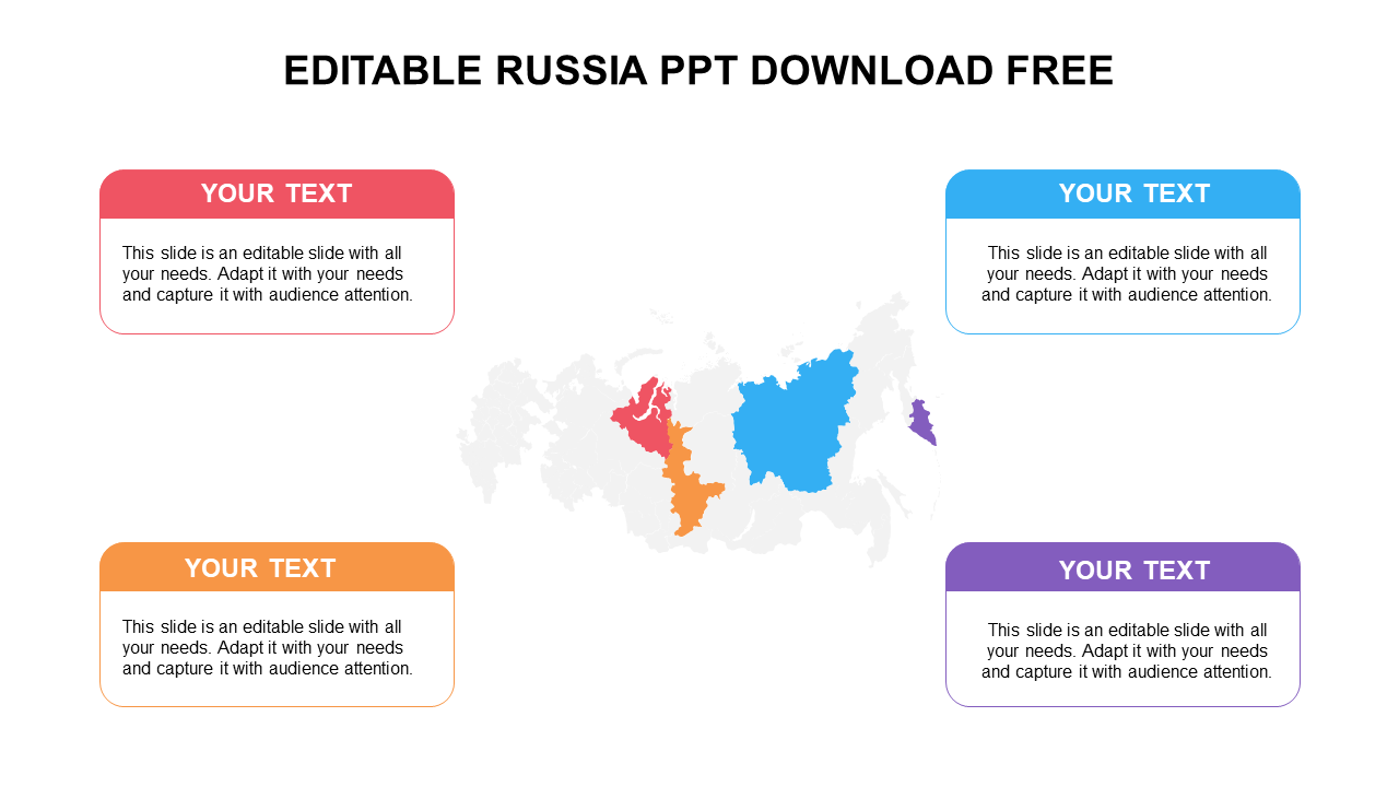 Russia map PowerPoint template with highlighted regions and text boxes with placeholder text.