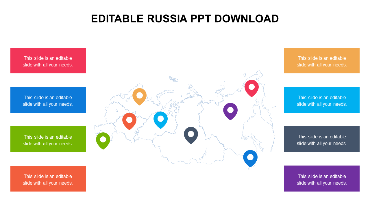 Outline map of Russia with eight colorful location markers and matching text boxes arranged on both sides.