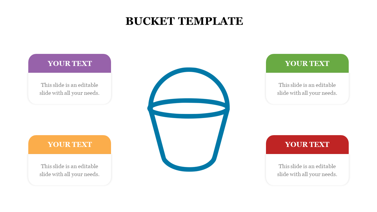 Blue outline of a bucket in the center, with four text boxes in purple, green, orange, and red placed around it.