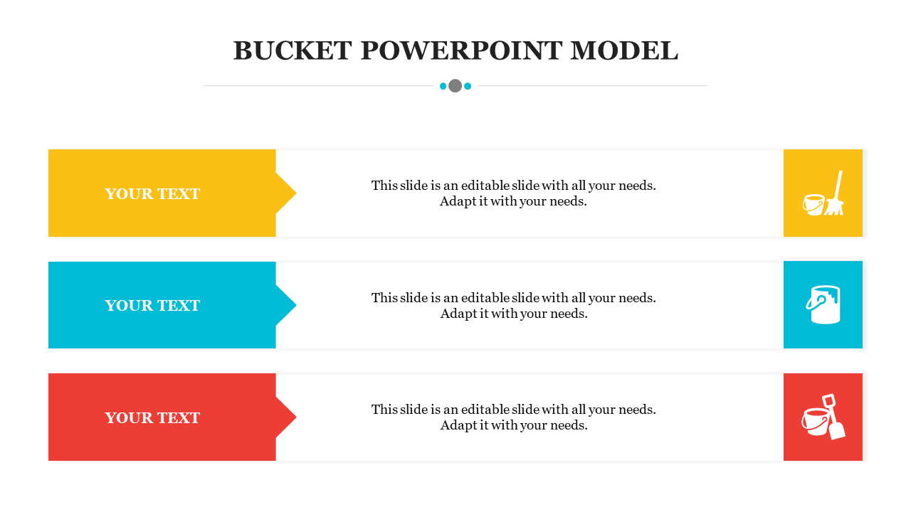 Bucket model slide featuring three sections with colored headers for text input and icons representing various tasks.