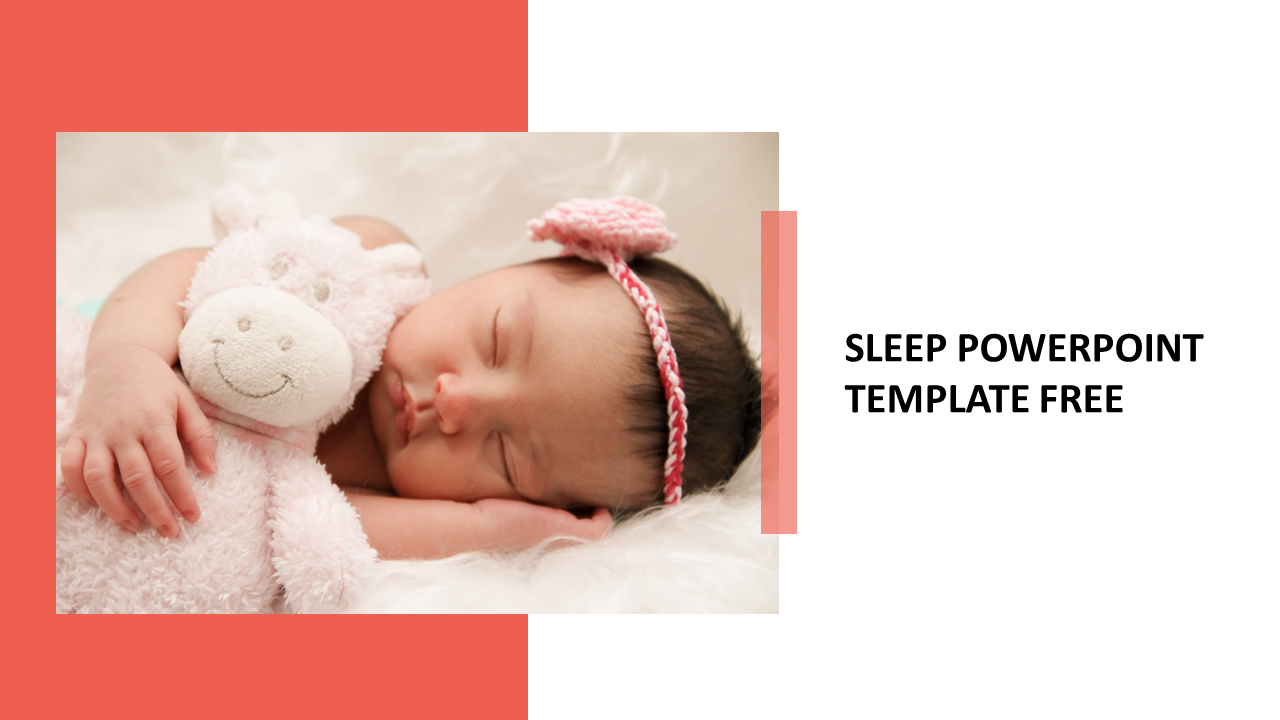 Sleeping baby cuddling a plush toy, wearing a pink knitted headband, placed next to a red and white graphic background.