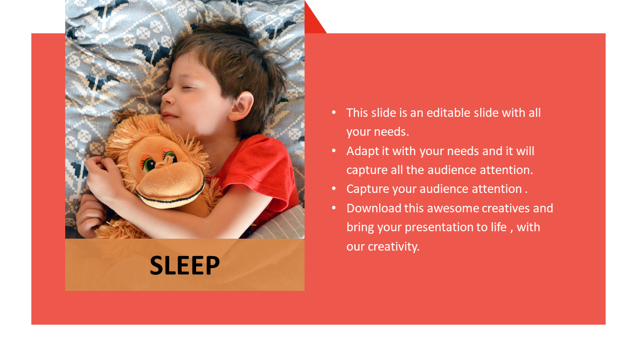 Sleeping child hugging a stuffed toy, within a red bordered frame with text to the right.