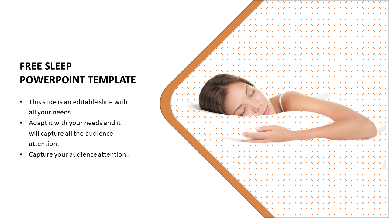 PowerPoint template with a sleeping woman on white background with a brown geometric border.