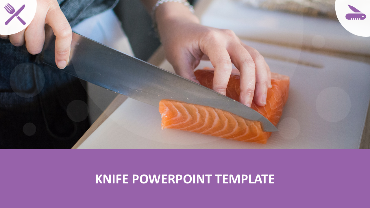 Close up of a person cutting salmon with a knife, displayed in a PowerPoint template.