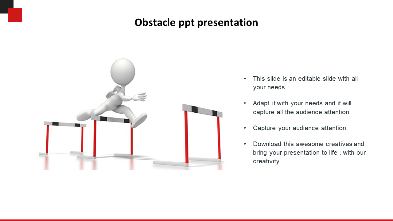 3D figure jumping over hurdles in an obstacle themed template with text sections on the right.