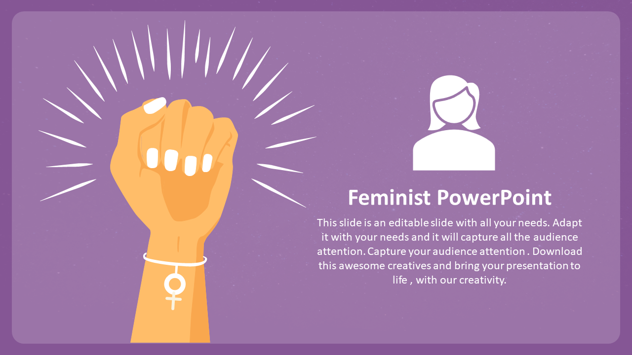 Feminist slide with a raised fist symbol, radiating lines, and a white avatar icon with text, on a purple background.