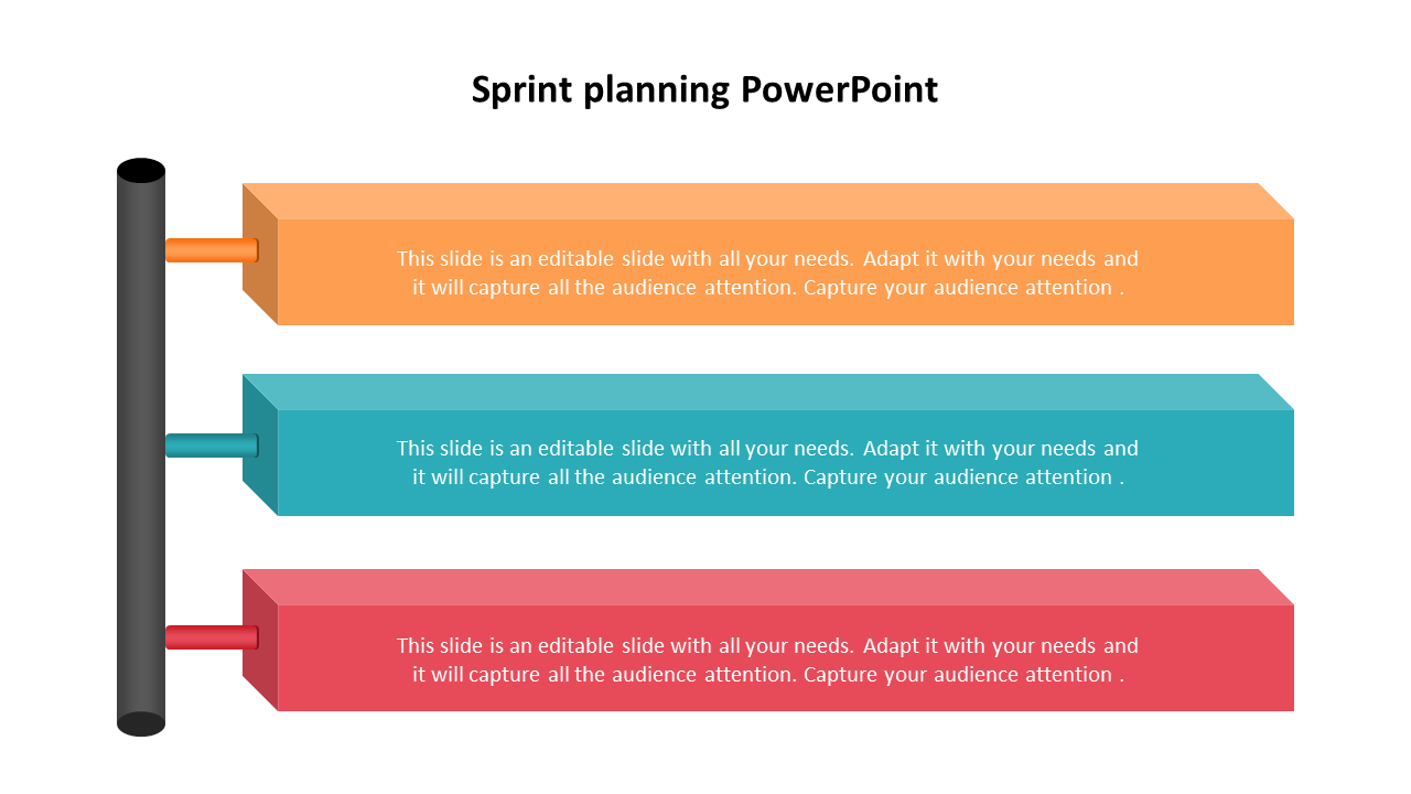 Sprint planning slide with three horizontal colored blocks connected to a vertical line with a placeholder.