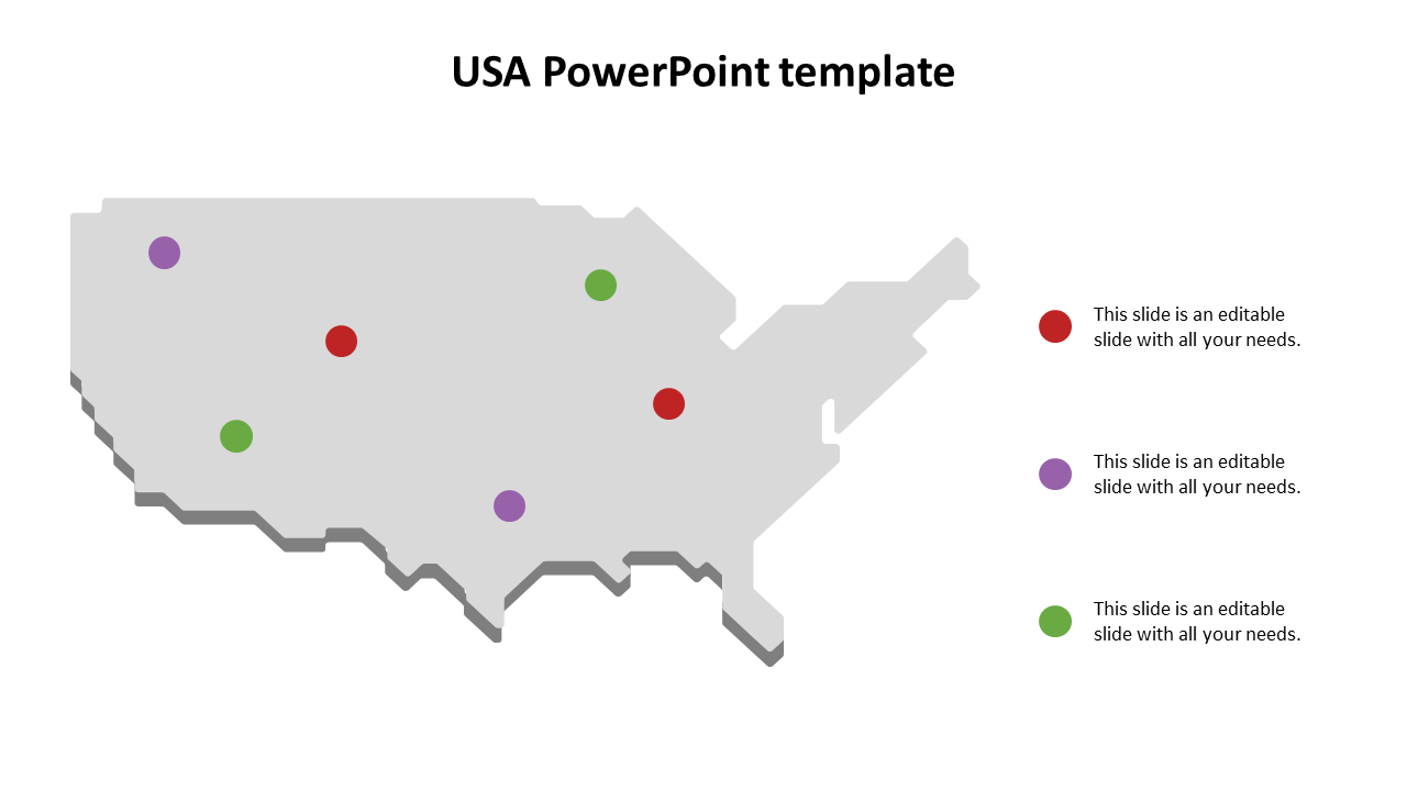 Gray USA map template with red, green, and purple dot markers, each linked to corresponding descriptions on the right.