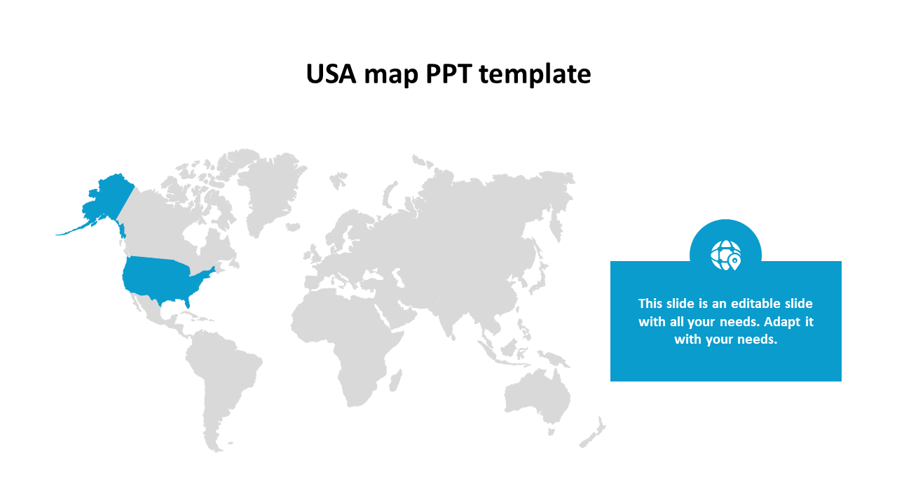 World map with the United States and Alaska highlighted in blue, paired with a  caption area on the right.