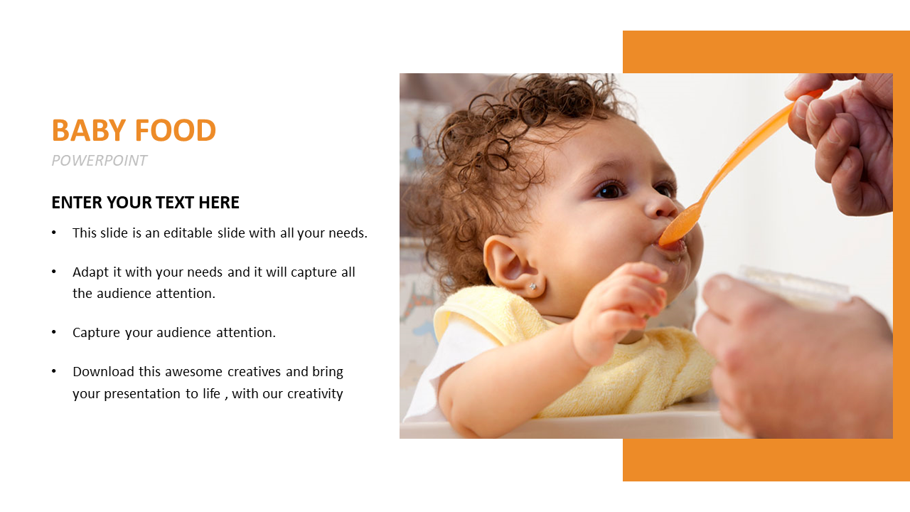 A baby in a high chair with a bib, being fed with a yellow spoon, alongside a text box with orange borders.