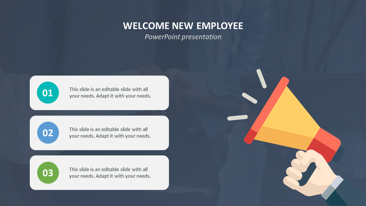 Welcome slide for new employees, featuring three colored points with a text area and a megaphone illustration.