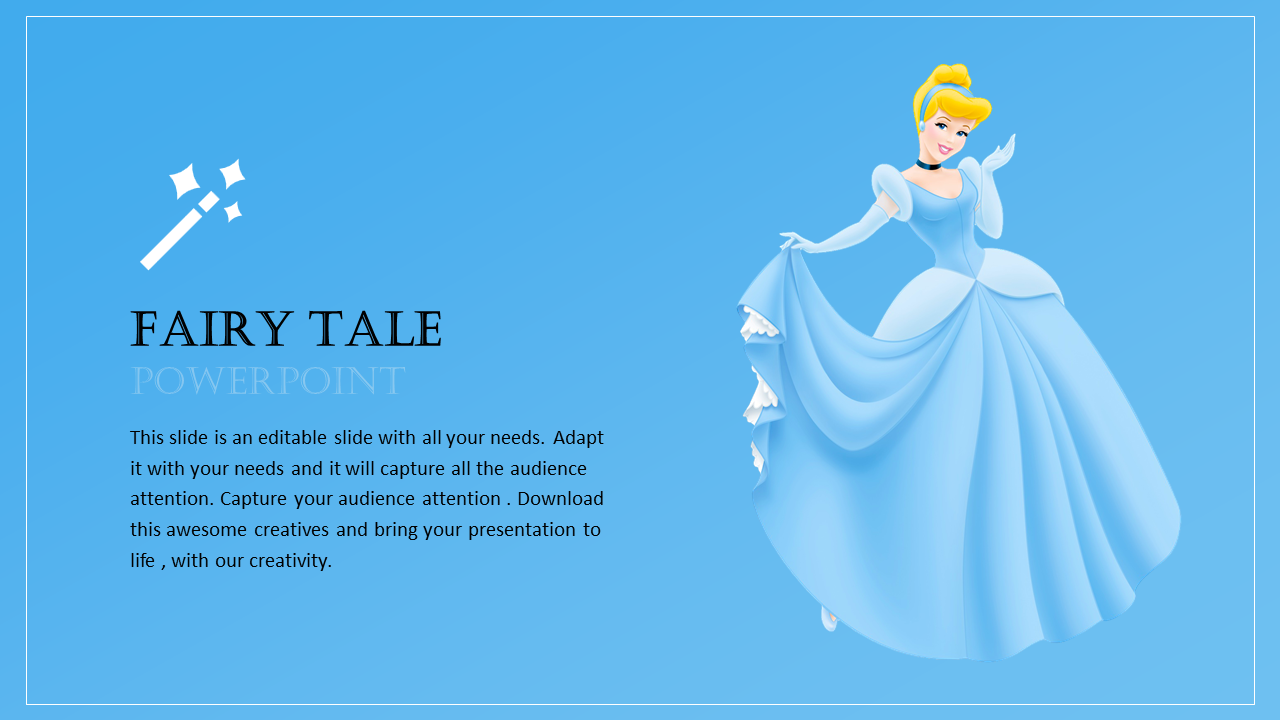 Magical fairy tale template with a classic princess theme in a blue background for engaging storytelling presentations.