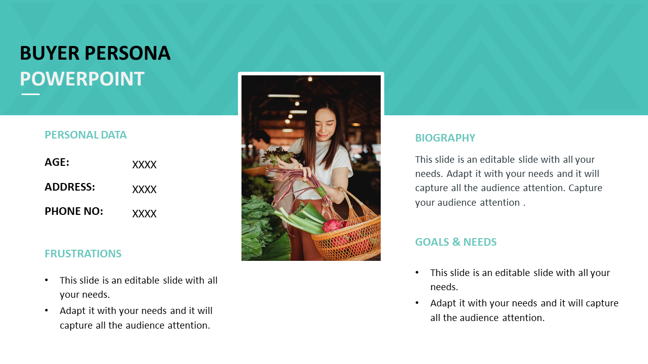 Buyer persona slide with photo of a women buying, personal data, biography, and goals, set on a teal and white background.