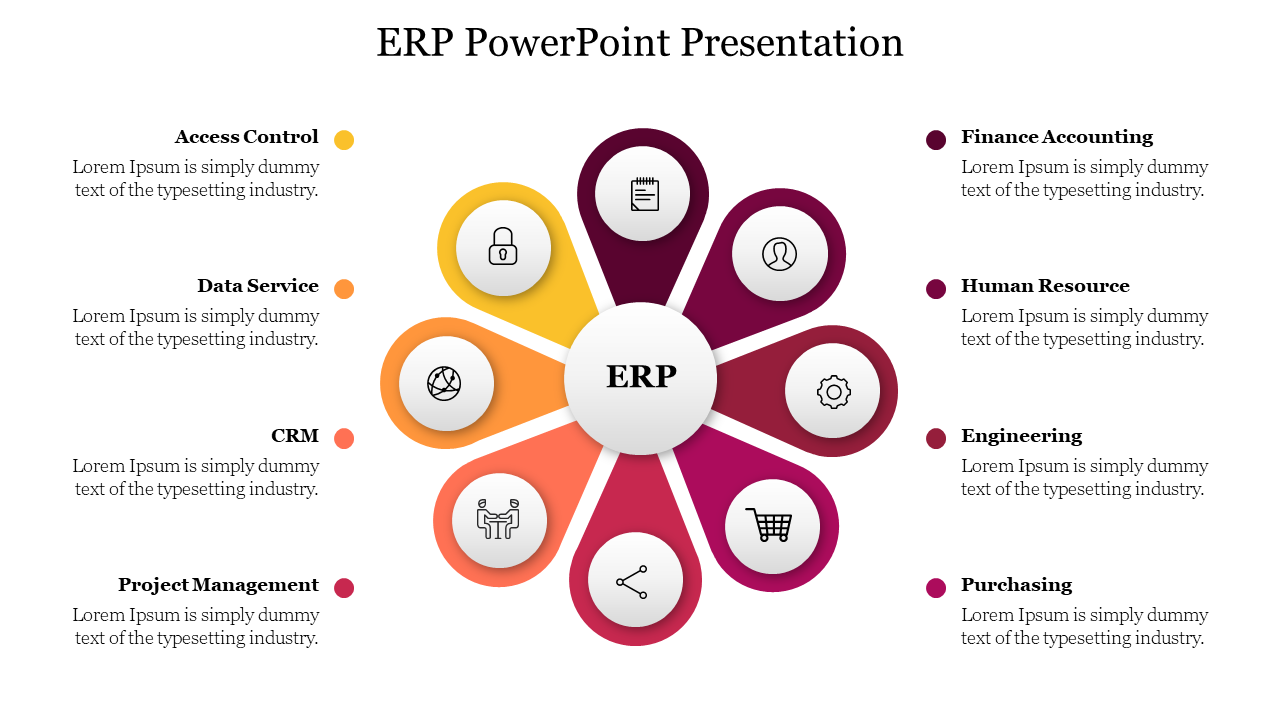 ERP slide with eight colorful petals in orange, yellow, red, and purple tones surrounding a central circle with title.