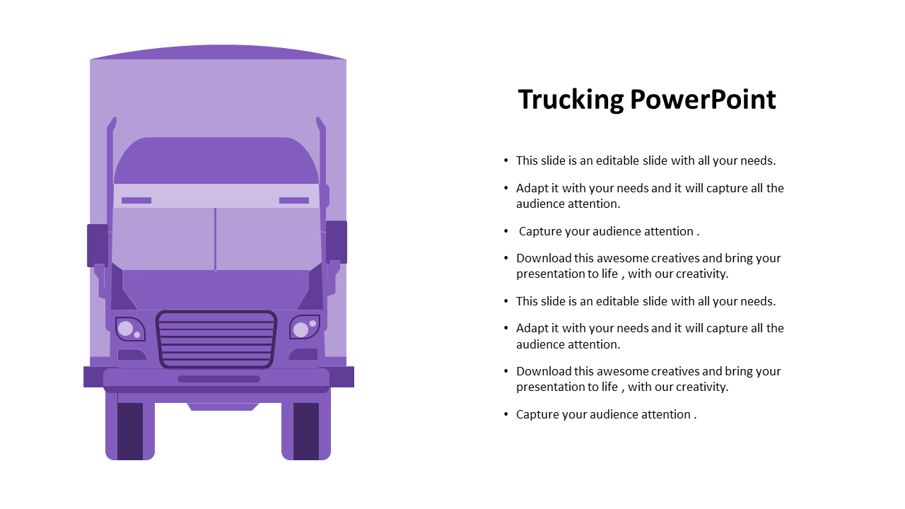 Illustration of a large purple truck facing forward on the left side, with placeholder text areas.