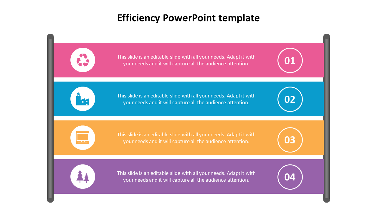 Four colored banners for efficiency in vertical order, each with icons like recycling, factory, computer, and trees.