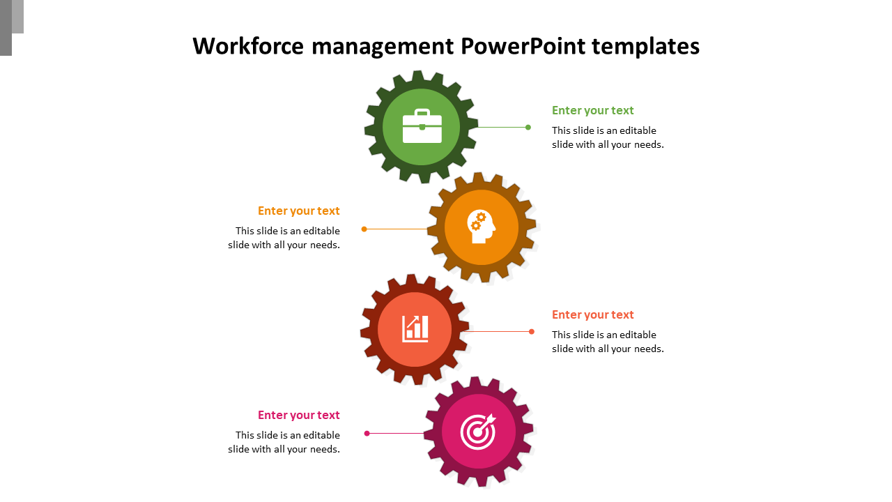 Colorful workforce management template featuring gears and icons with placeholder text.