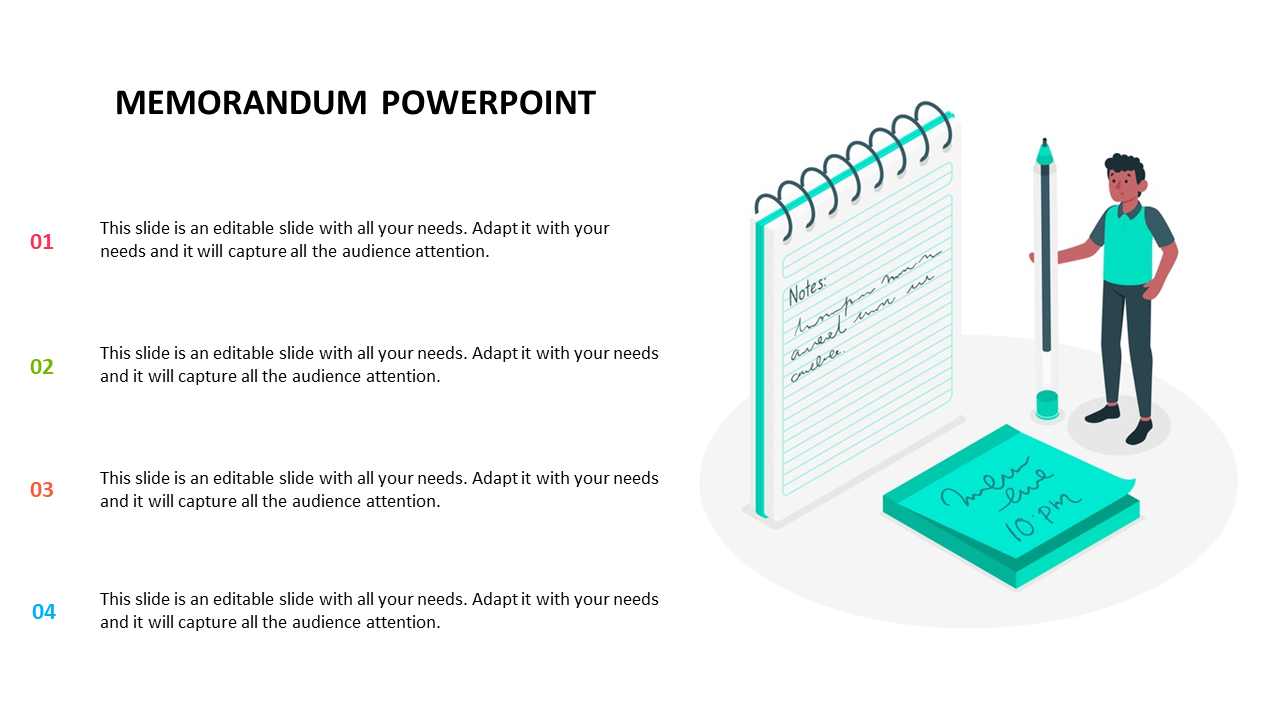 Memorandum slide featuring an illustration of a notepad and a person holding a pen with text sections.