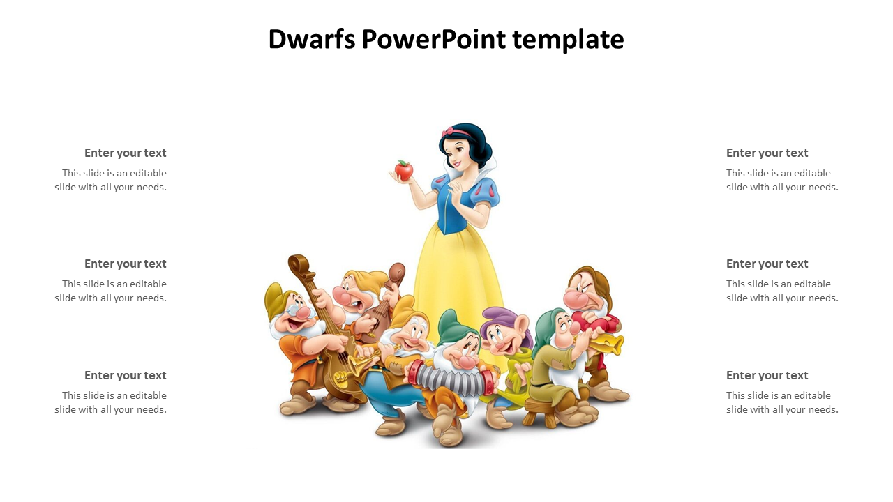 Slide featuring Snow White holding an apple with seven dwarfs gathered around her, with text placeholders on both sides.