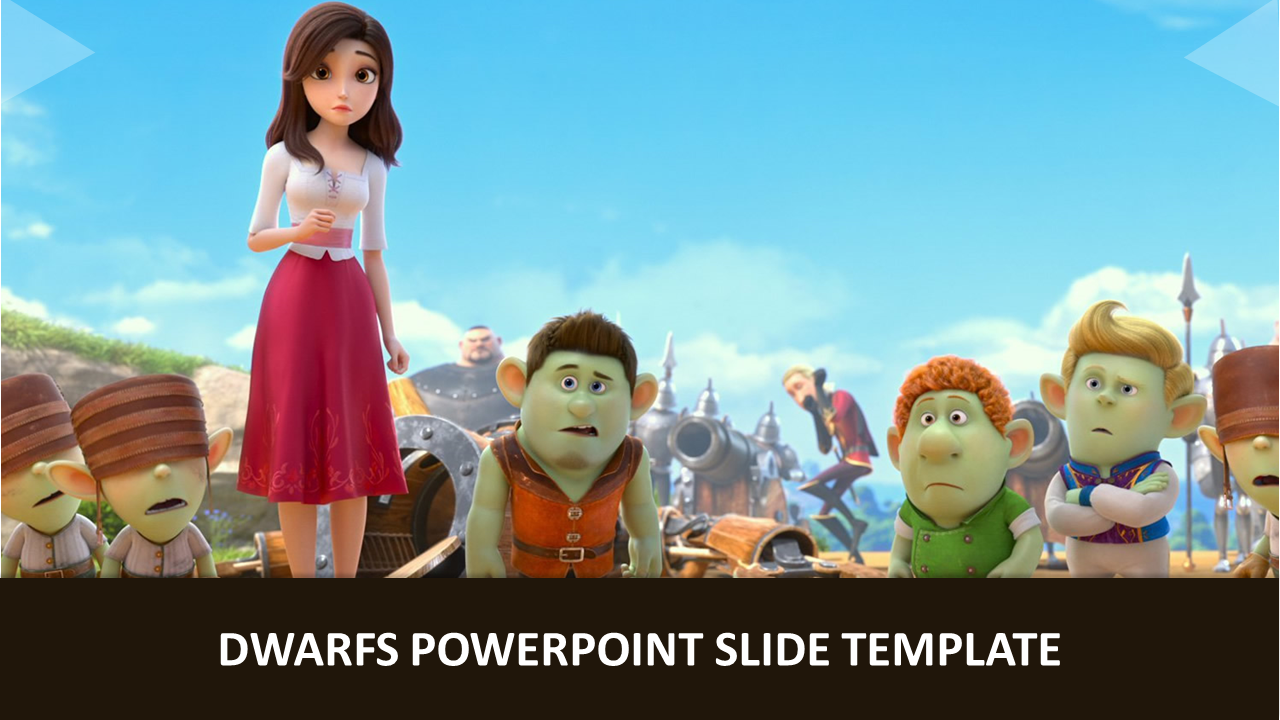 Animated PowerPoint slide featuring a character with dwarfs in a fantasy setting.