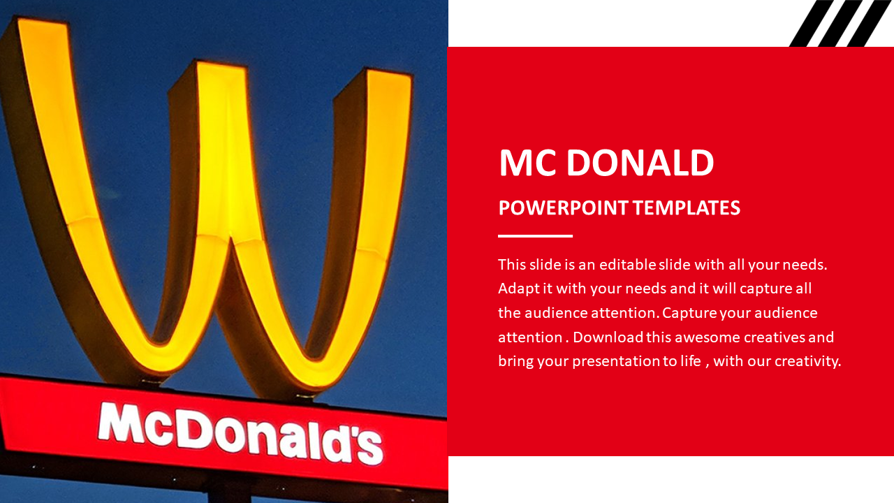 A title slide with the iconic golden arches logo, red background, and placeholder text with the logo of McDonald.