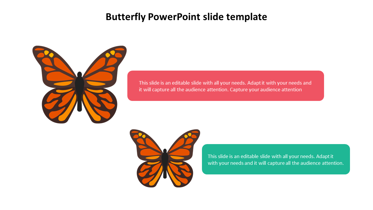 Two vibrant orange butterflies with intricate patterns, paired with red and green text boxes on a white background.