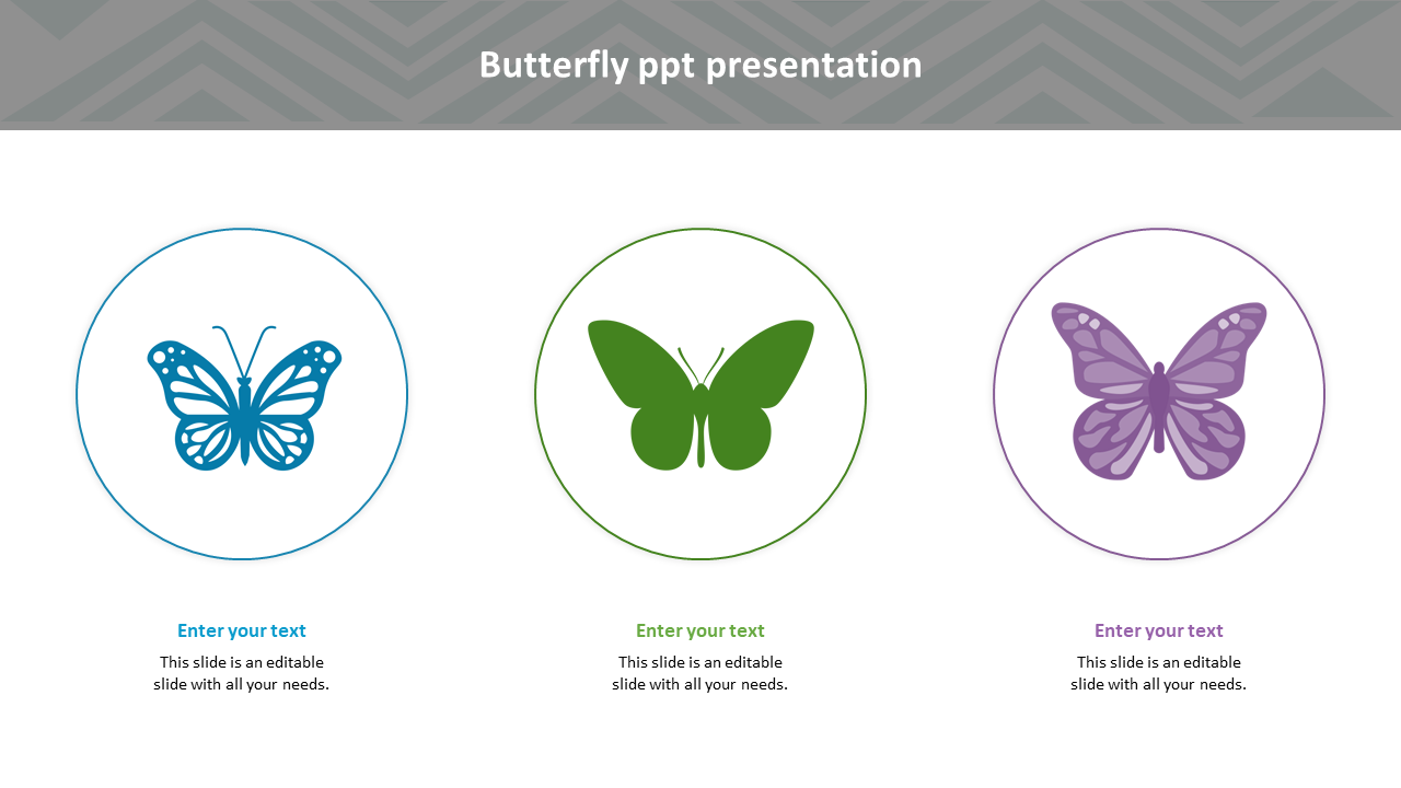 Butterfly PowerPoint slide with three butterfly icons in blue, green, and purple, each with text below.