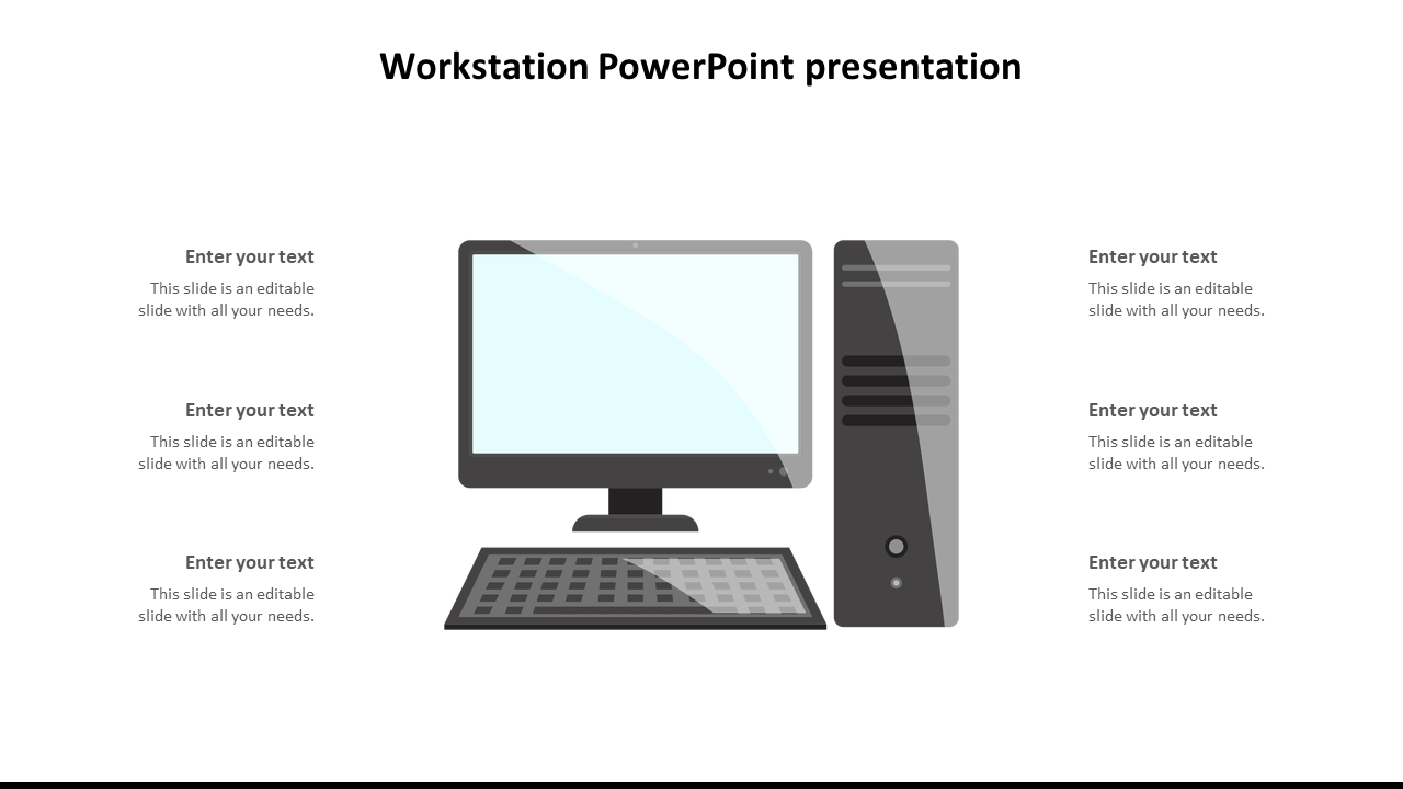 Central gray computer setup with monitor, keyboard, and tower, surrounded by text on a white background.