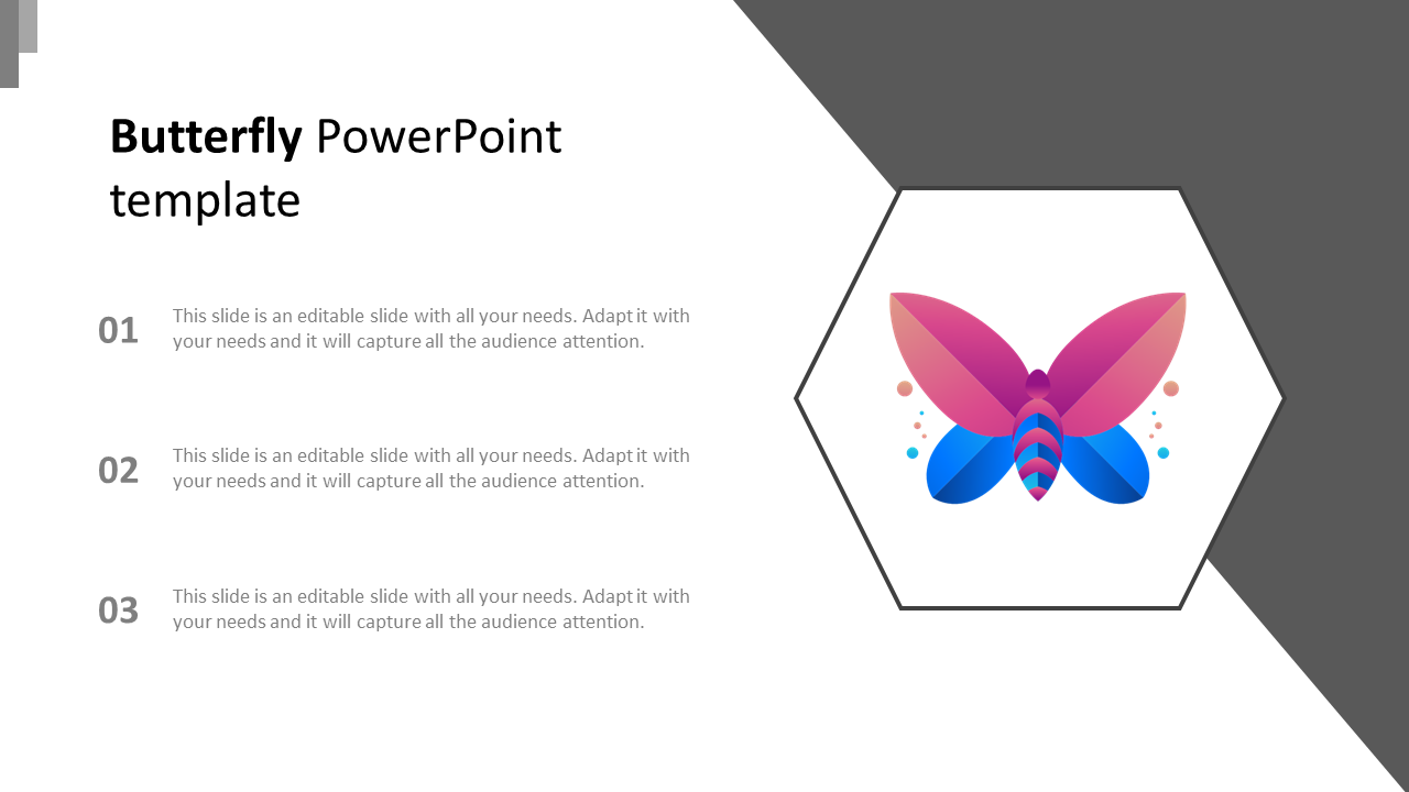 Butterfly themed PowerPoint template with three text sections and a colorful butterfly illustration.