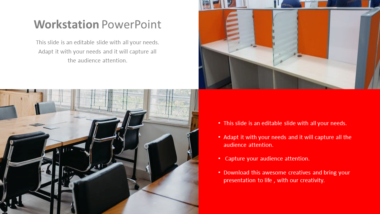 Office workspace slide with black chairs at a table, workstation cubicles with orange panels, and a bold red text section.