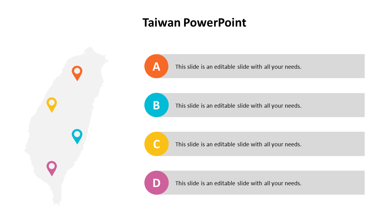 Map of Taiwan with four colored location markers and corresponding labels A, B, C, and D, each with placeholder text.