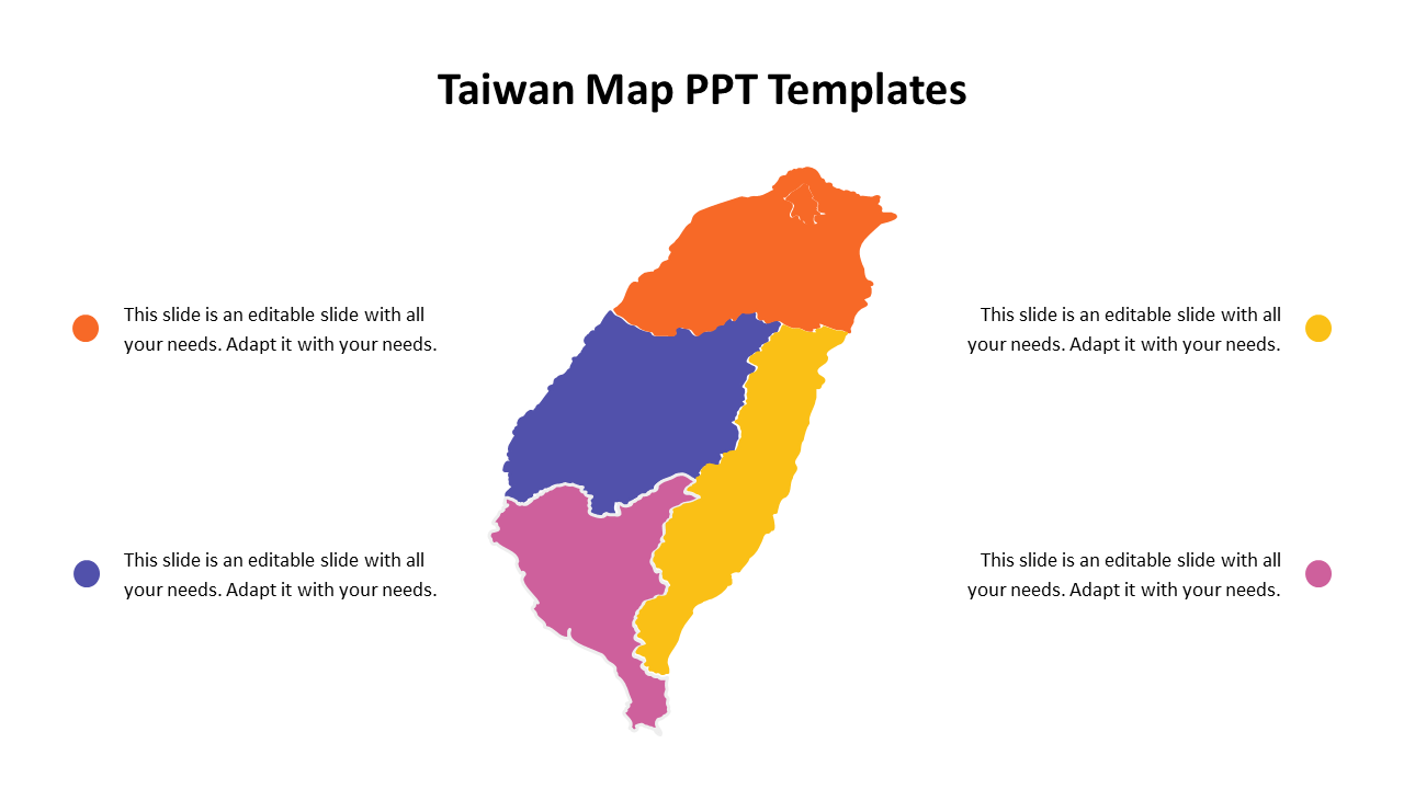 Taiwan map infographic in distinct colors, featuring four surrounding caption areas with color-coded dots.