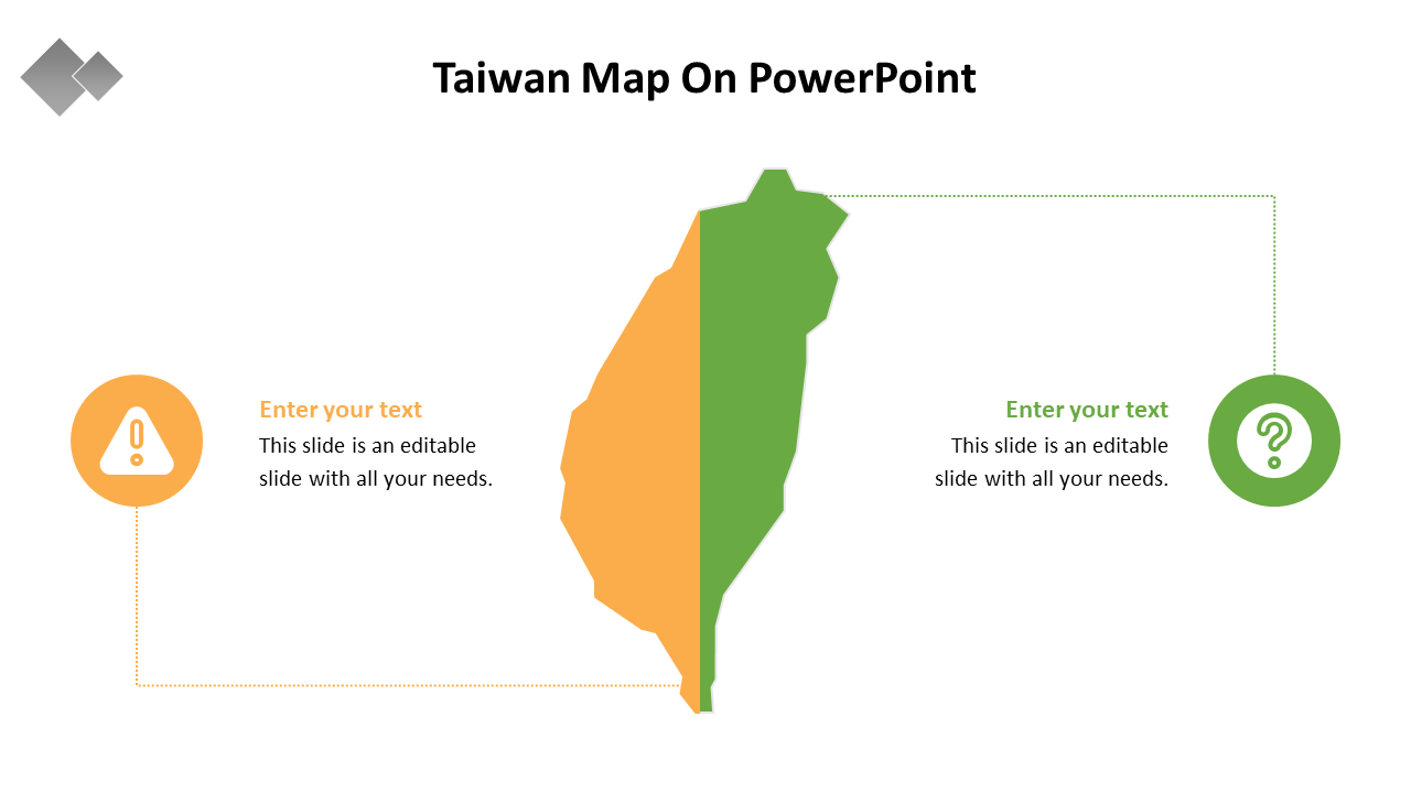 Taiwan map divided into orange and green halves, with text areas on either side featuring circular icons and dotted lines.