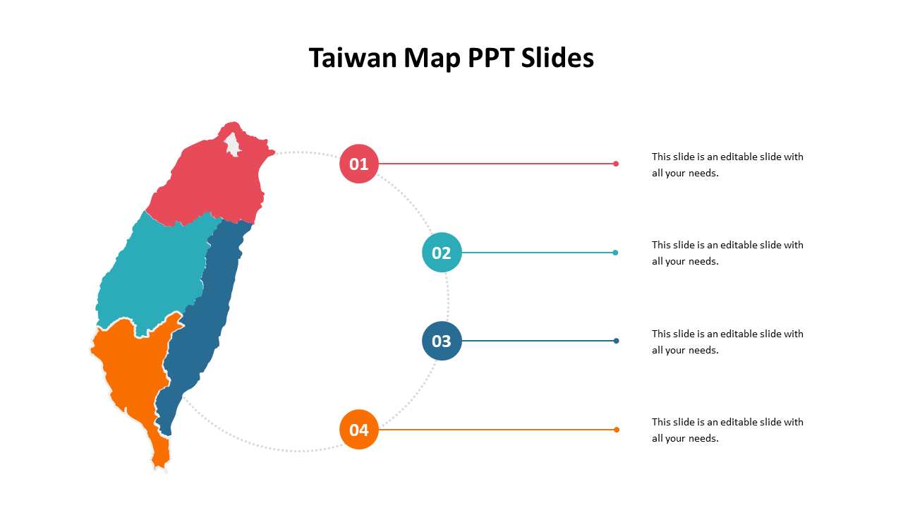 Multicolored Taiwan map with four regions, each numbered and connected to corresponding text on the right.