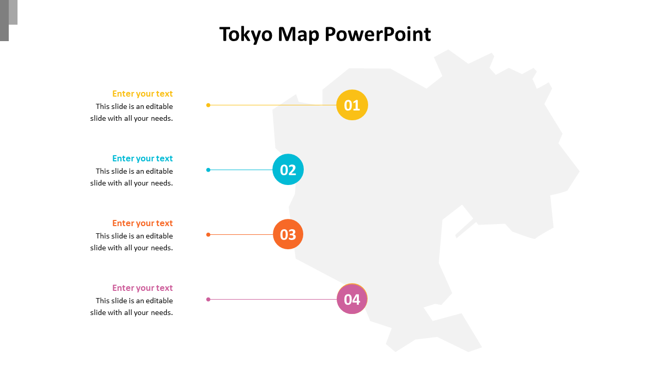 Tokyo map in gray with numbered markers in different colors, each connected to a placeholder text.