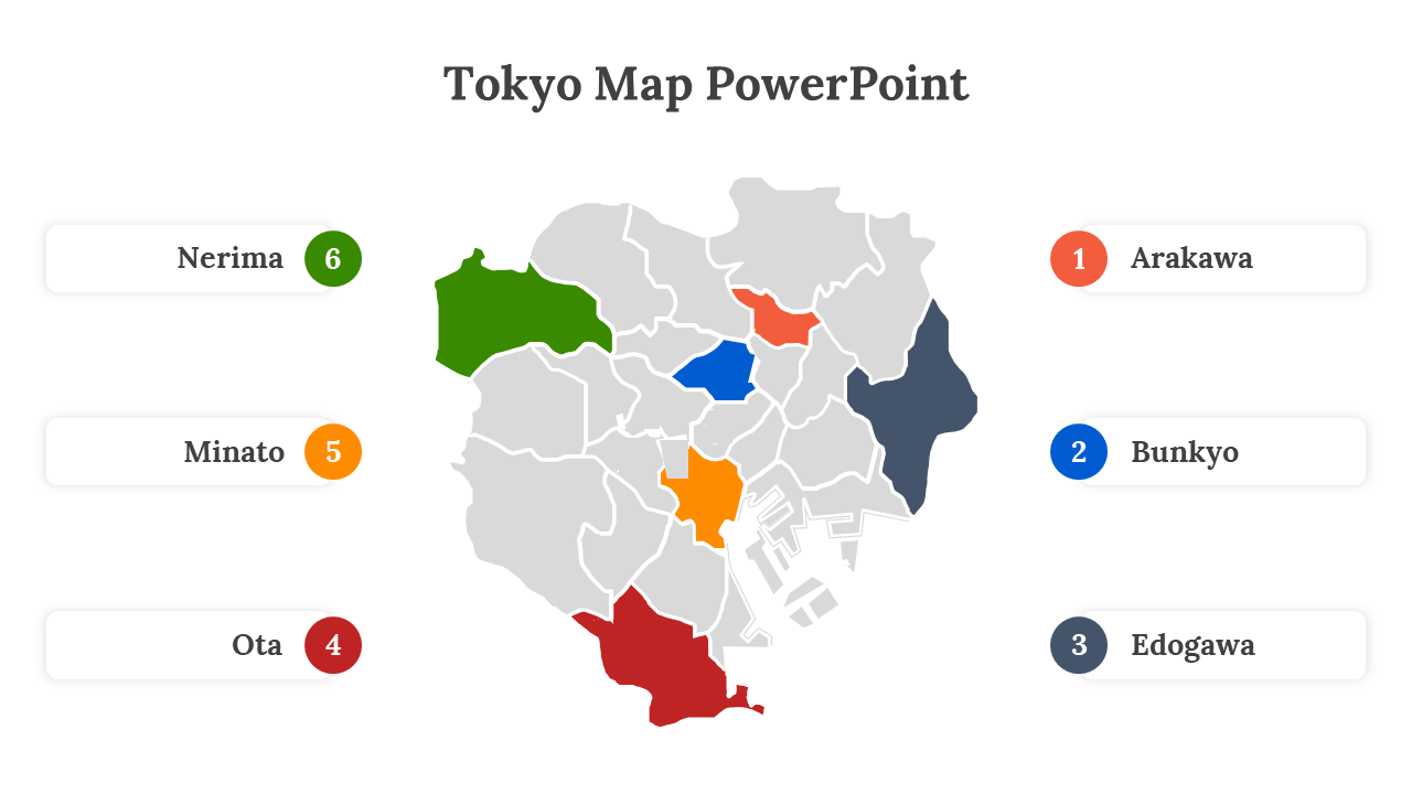 Tokyo map with highlighted districts in various colors, and numbered labels for six areas on both sides.