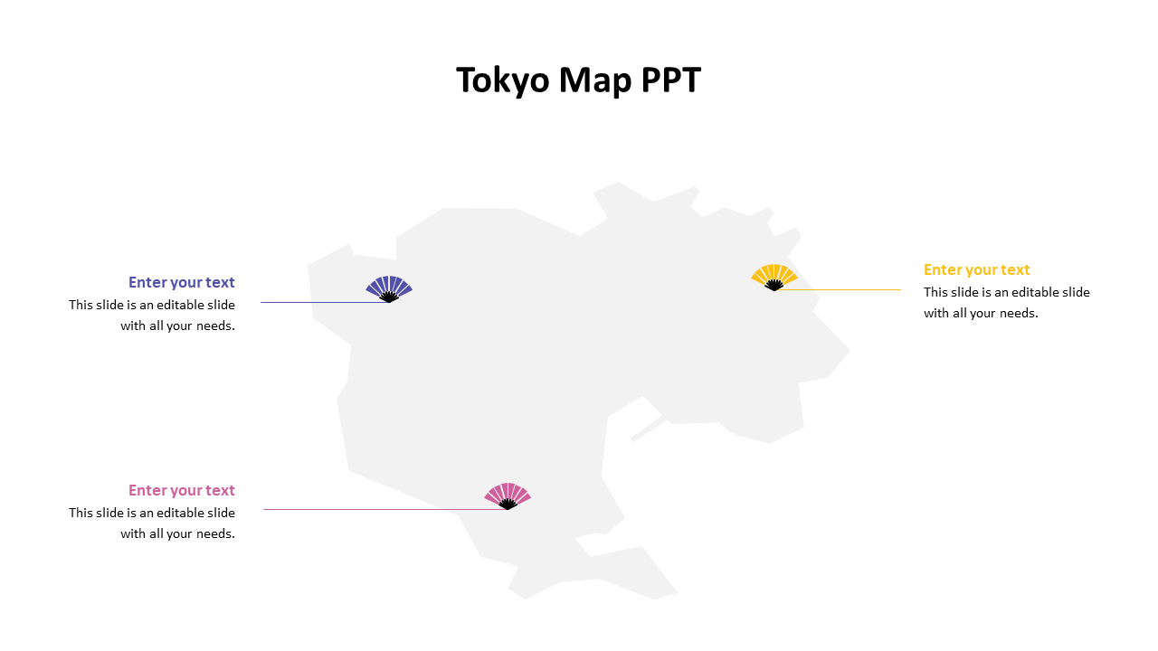 Gray Tokyo map with three colorful fan icons pointing to text areas on a white background.