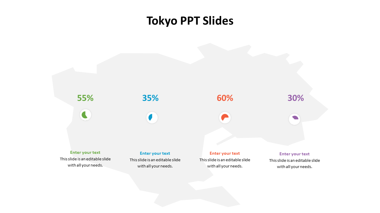 Tokyo map in gray with four colored percentage pie charts in green, blue, red, and purple, each with captions below.