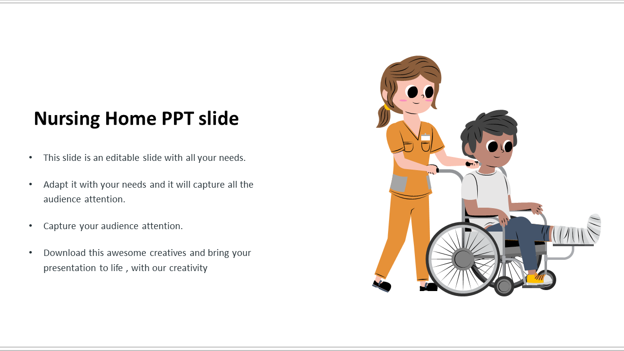 Illustration of a nurse assisting a patient in a wheelchair, representing care in a nursing home environment with text area.