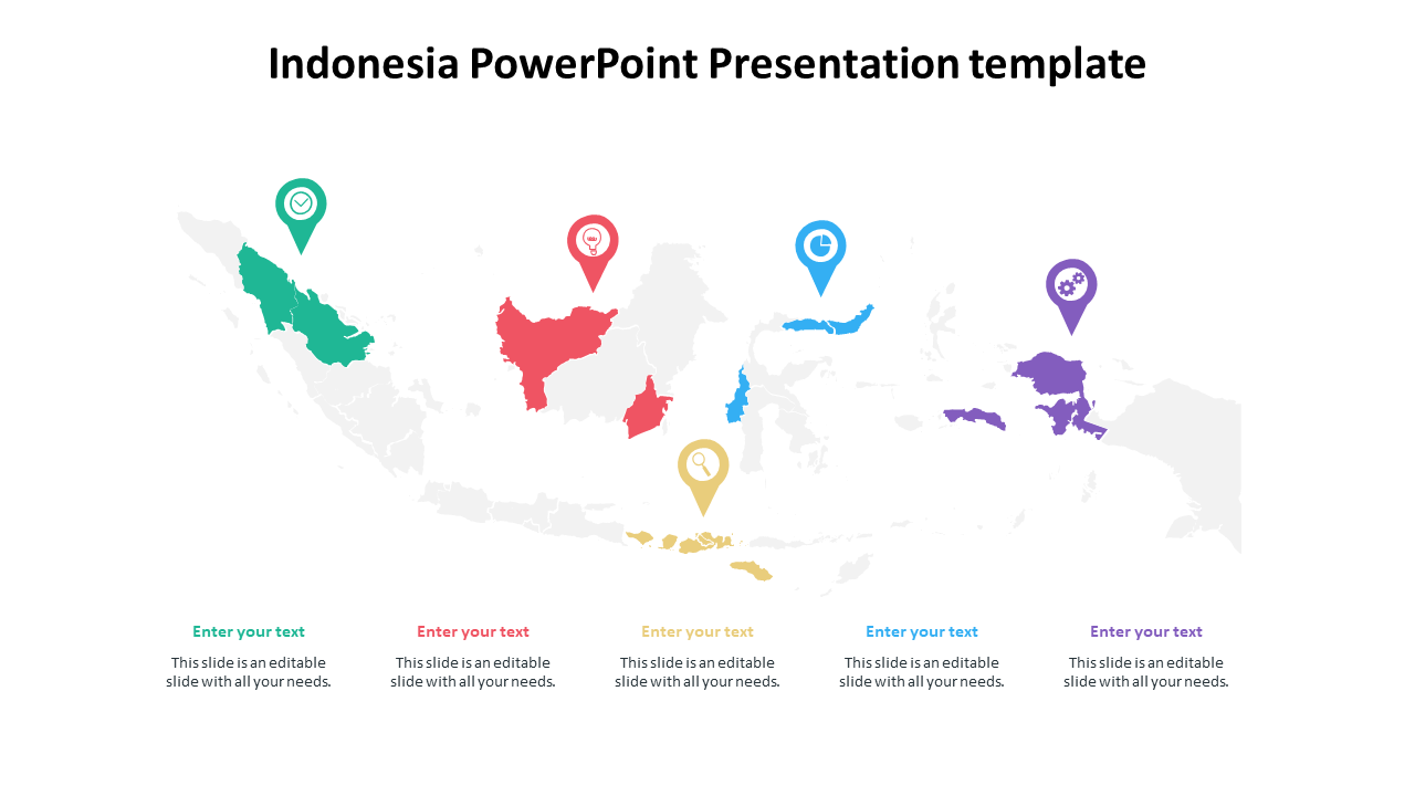 Indonesia slide featuring a map with colorful markers and text areas.