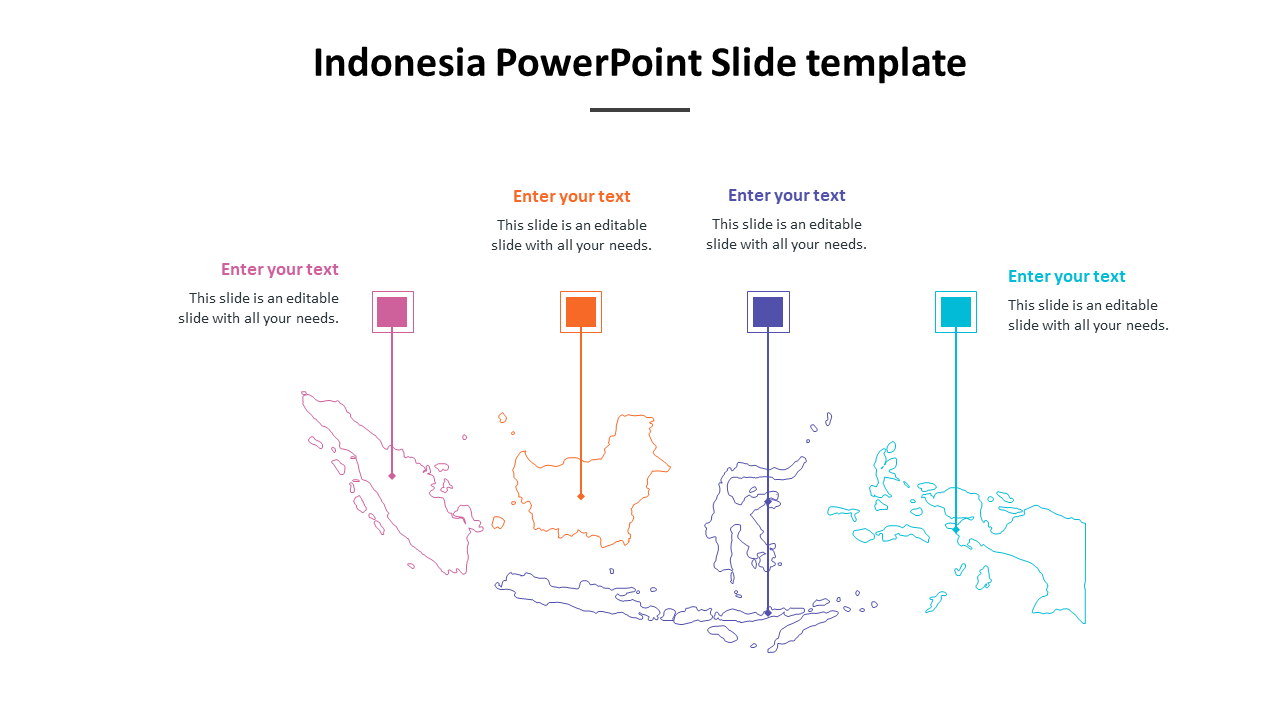 Outline map of Indonesia with four labeled points, each marked by colored square icons in pink, orange, blue, and teal.