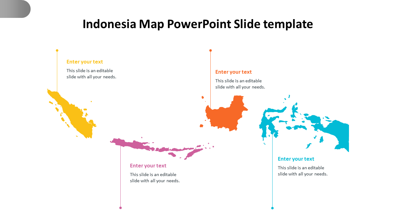 Map of Indonesia divided into four regions, each highlighted in yellow, orange, pink, and blue, with placeholders text.