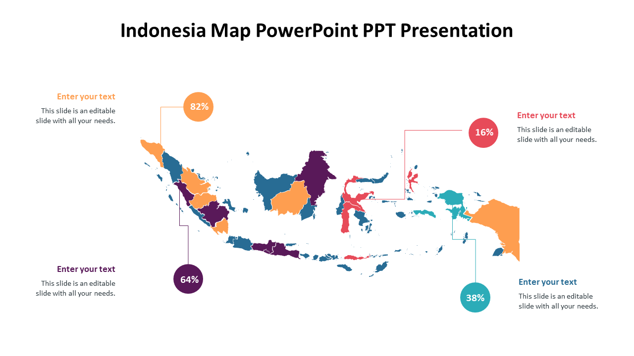 Colorful map of Indonesia with four percentage markers in orange, purple, teal, and red, with captions on each side.