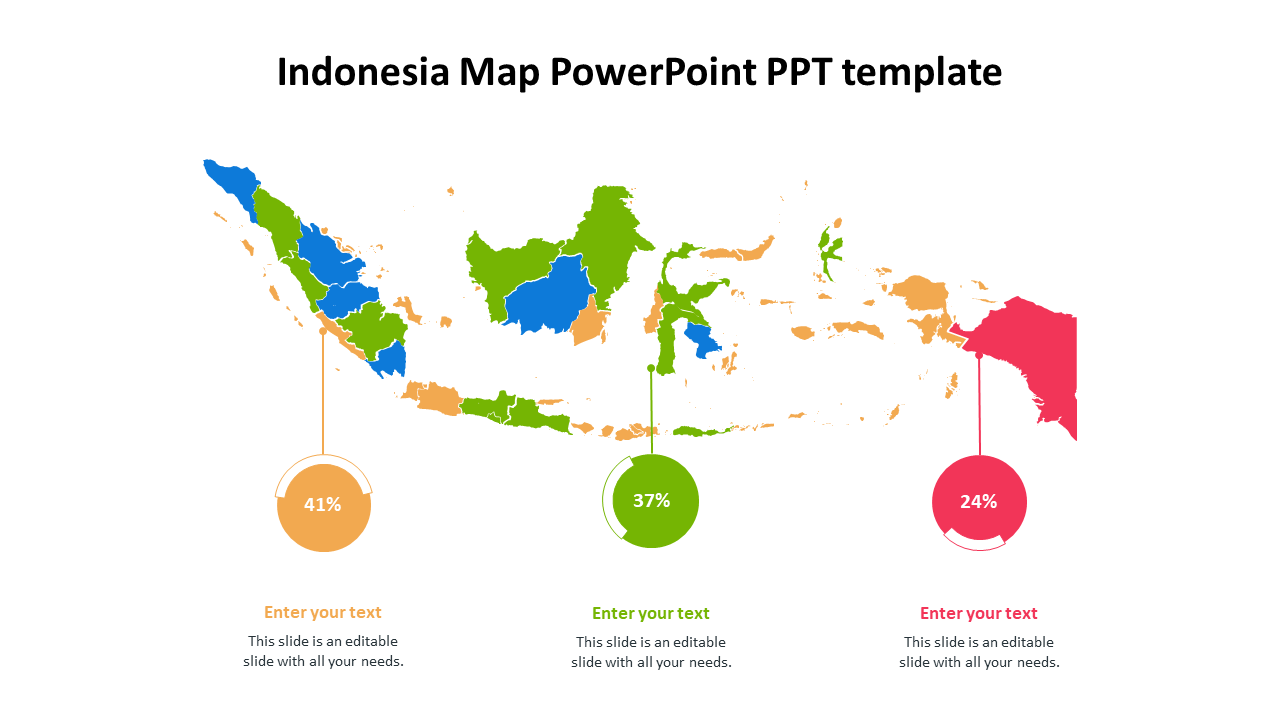 Colorful map of Indonesia with three circular percentage markers in yellow, green, and red circles, each with text below.