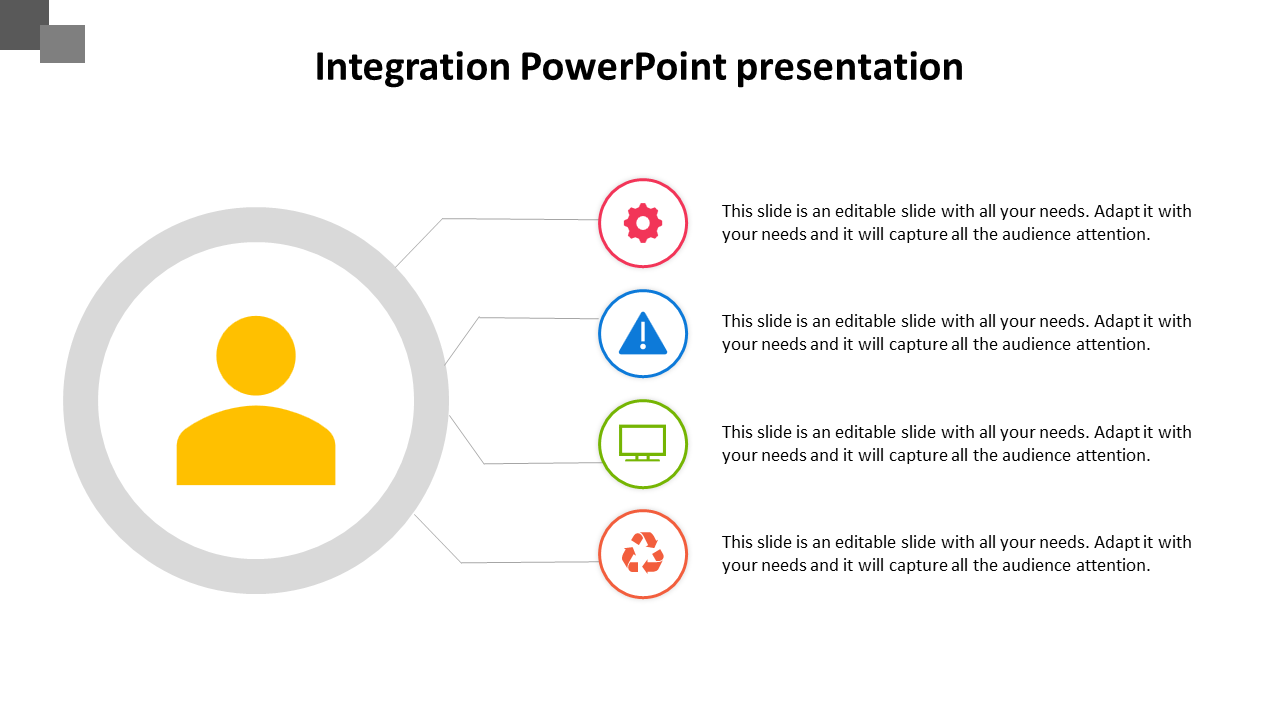 Slide showcasing a yellow central user icon with four connected sections featuring placeholder text and colored icons.