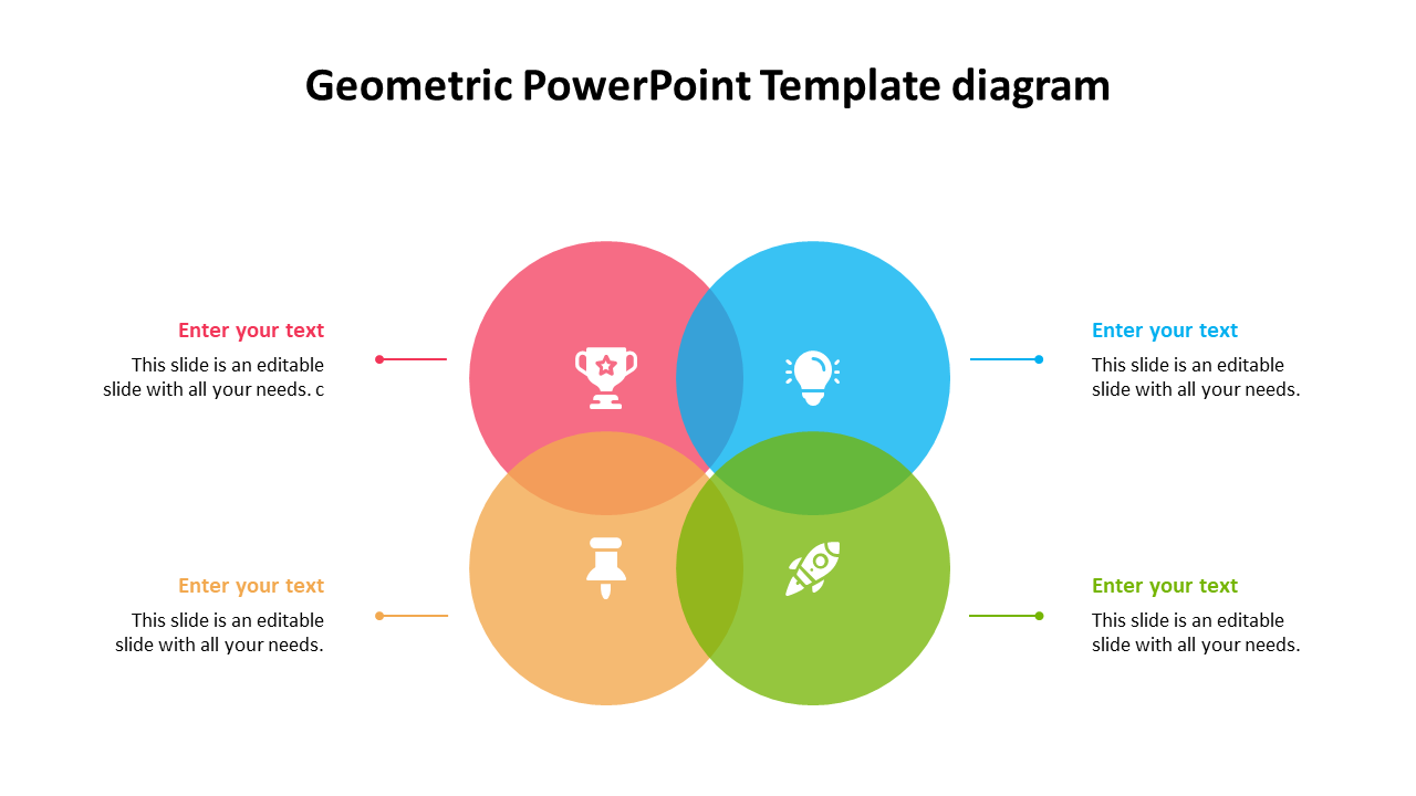 Geometric template with four overlapping circles in different colors, each containing an icon and placeholder text section.