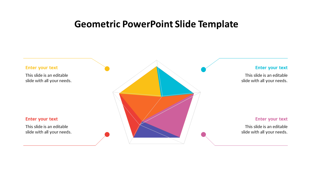 A vibrant geometric PowerPoint slide design featuring multi colored segments with placeholders on a white backdrop.